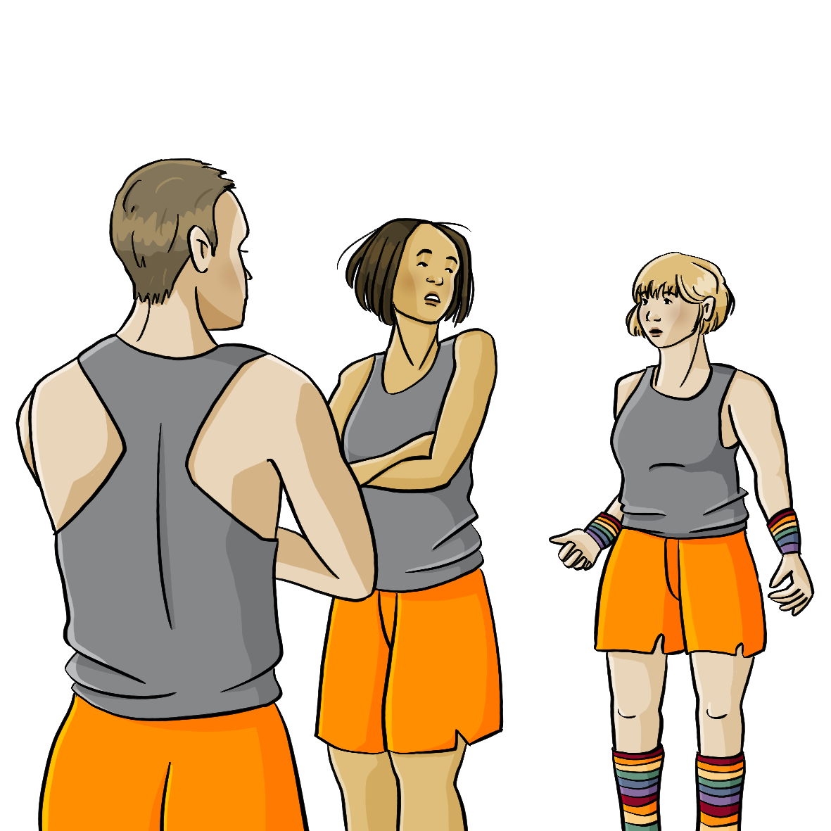 Drei Personen in Sportkleidung. Zwei der Personen stehen einander zugewandt, die Armer verschränkt. Sie schauen unfreundlich über die Schulter zu der dritten Person. Die dritte Person trägt Socken und Schweißbänder mit Regenbogenmuster.