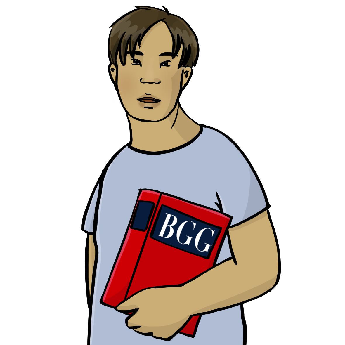 Ein Mann mit Downsyndrom hält ein rotes dickes Buch unter dem Arm. Auf dem Buch steht BGG.