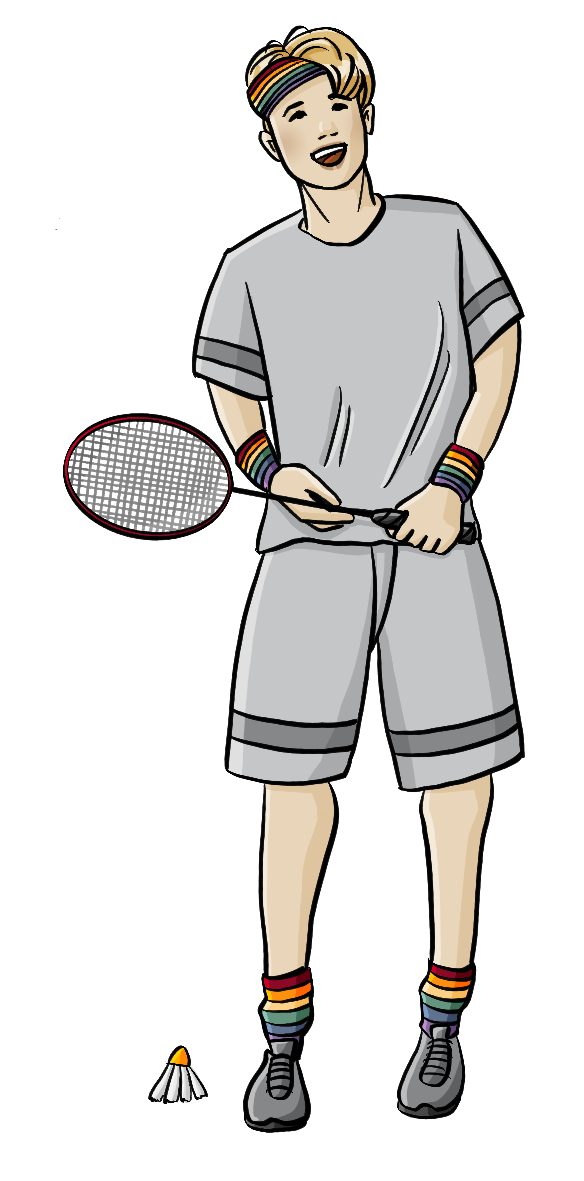 Eine Person mit kurzen Haaren in Sportkleidung. Sie hält einen Badmintonschläger und trägt Socken und Schweißbänder mit Regenbogenmuster. Auf dem Boden liegt ein Badmintonball.