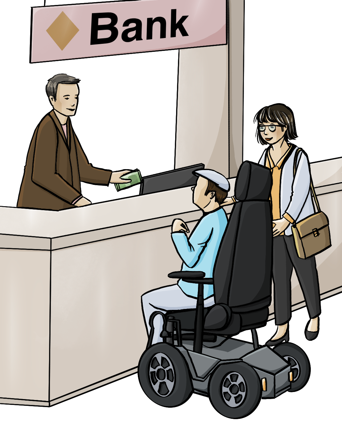 Ein Mann mit Elektro-Rollstuhl und eine Frau stehen vor einem Bankschalter. Der Bankangestellte zahlt dem Mann Geld aus. 