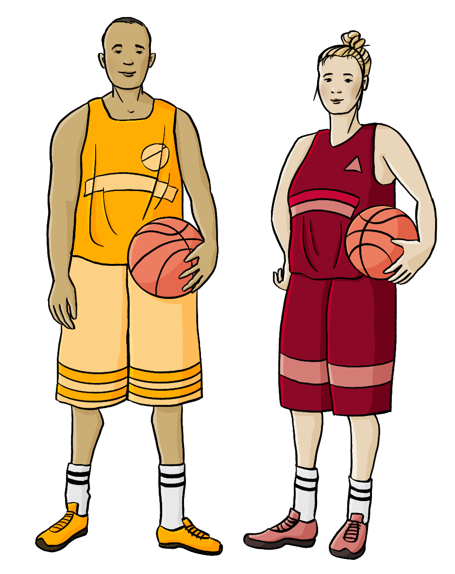 Ein Mann und eine Frau in Sportkleidung. Beide haben einen Basketball unter dem Arm.