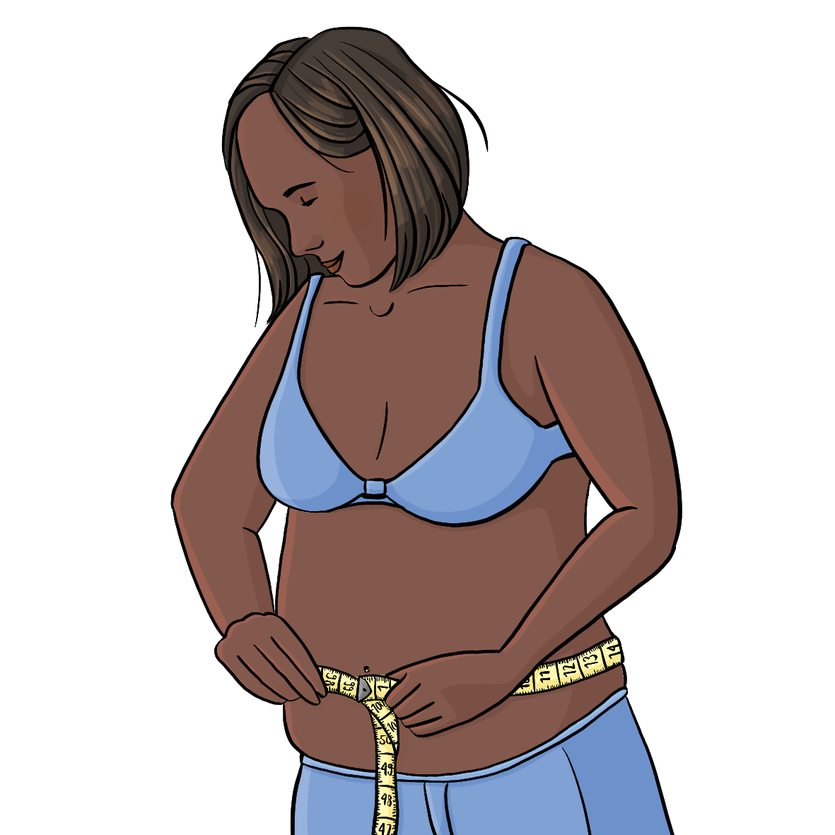 Eine Frau hält ein Maßband um ihren nackten Bauch. Sie trägt einen BH.