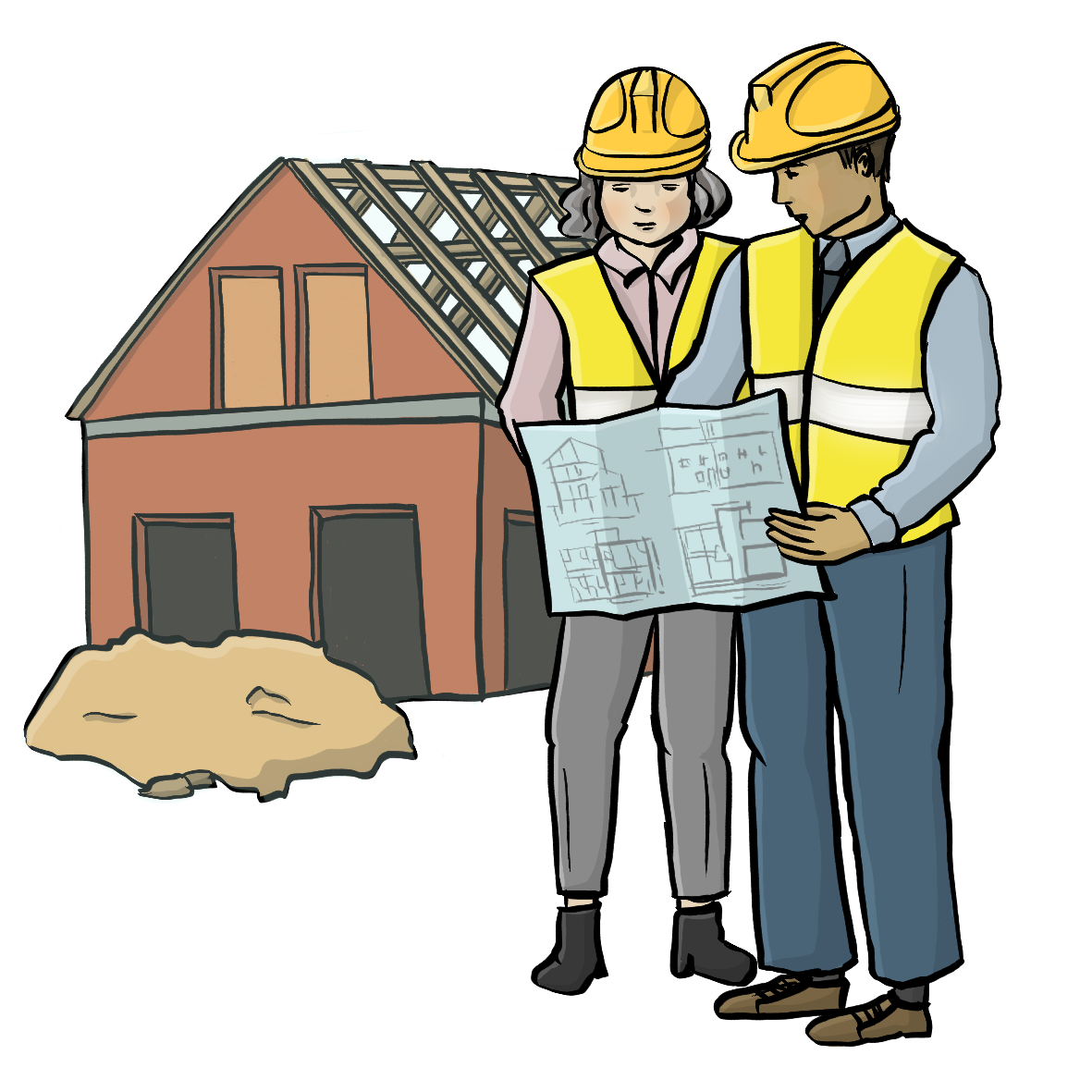 Zwei Bauingenieure stehen auf einer Baustelle. Eine Frau und ein Mann. Sie lesen einen Bauplan.