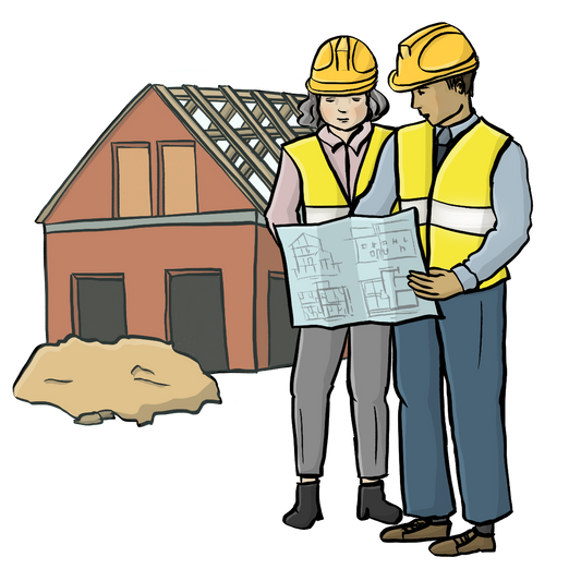 Zwei Bauingenieure stehen auf einer Baustelle. Eine Frau und ein Mann. Sie lesen einen Bauplan.