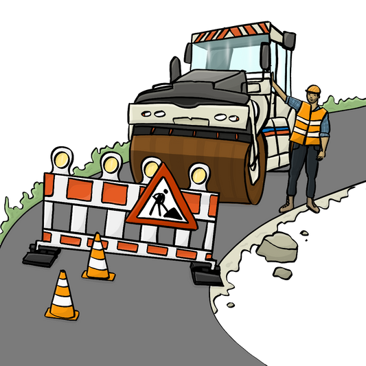 Ein Straßenarbeiter steht neben einer Straßen-Walze. Die Straße ist mit Baustellen-Schildern abgesperrt.