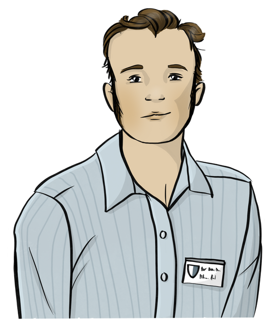 Ein Mann mit einem Hemd. Er trägt einen Mitarbeiter-Ausweis an der Brust.