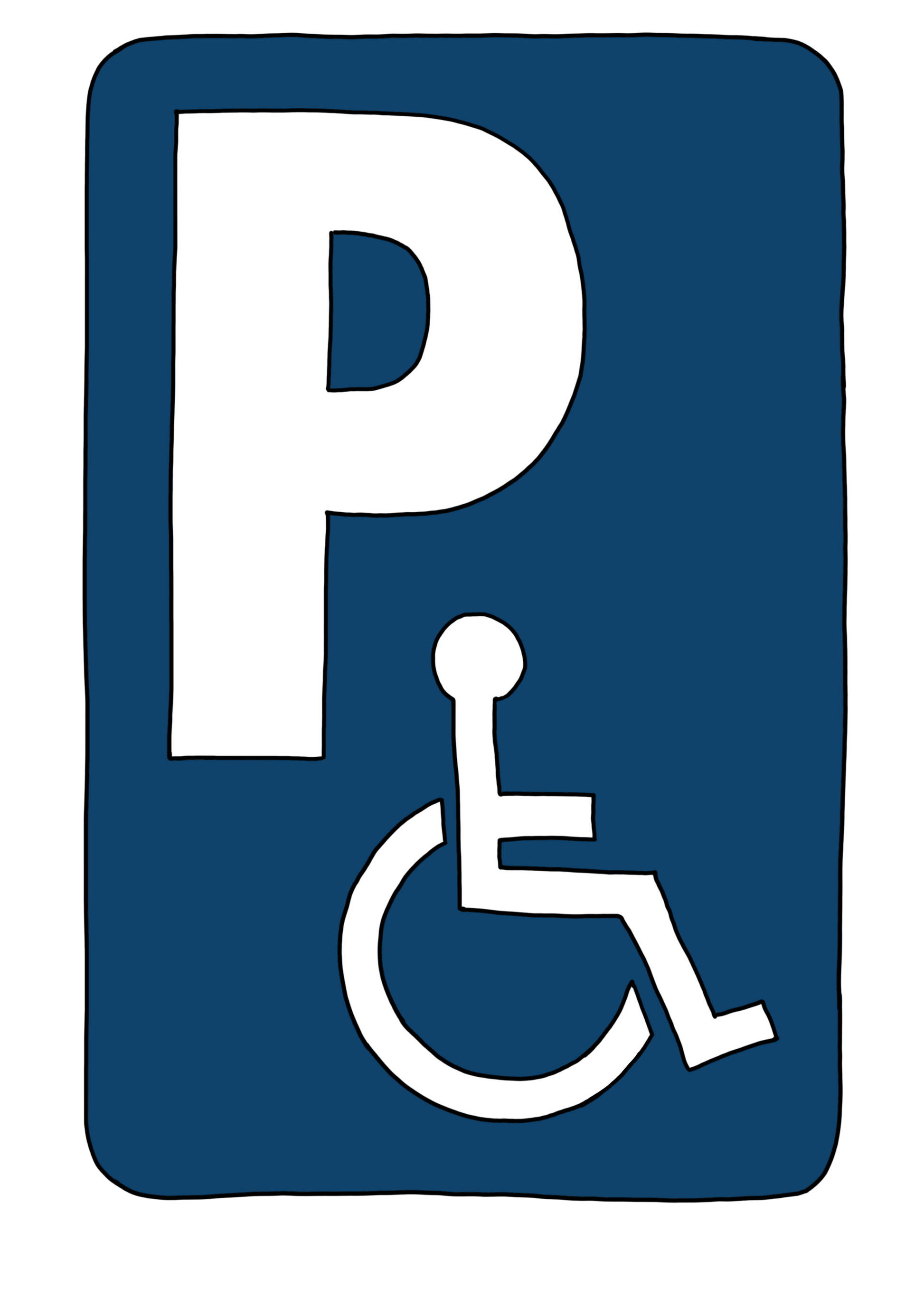Ein blaues Schild. Auf dem Schild ist ein großes weißes P und ein Rollstuhl-Symbol.