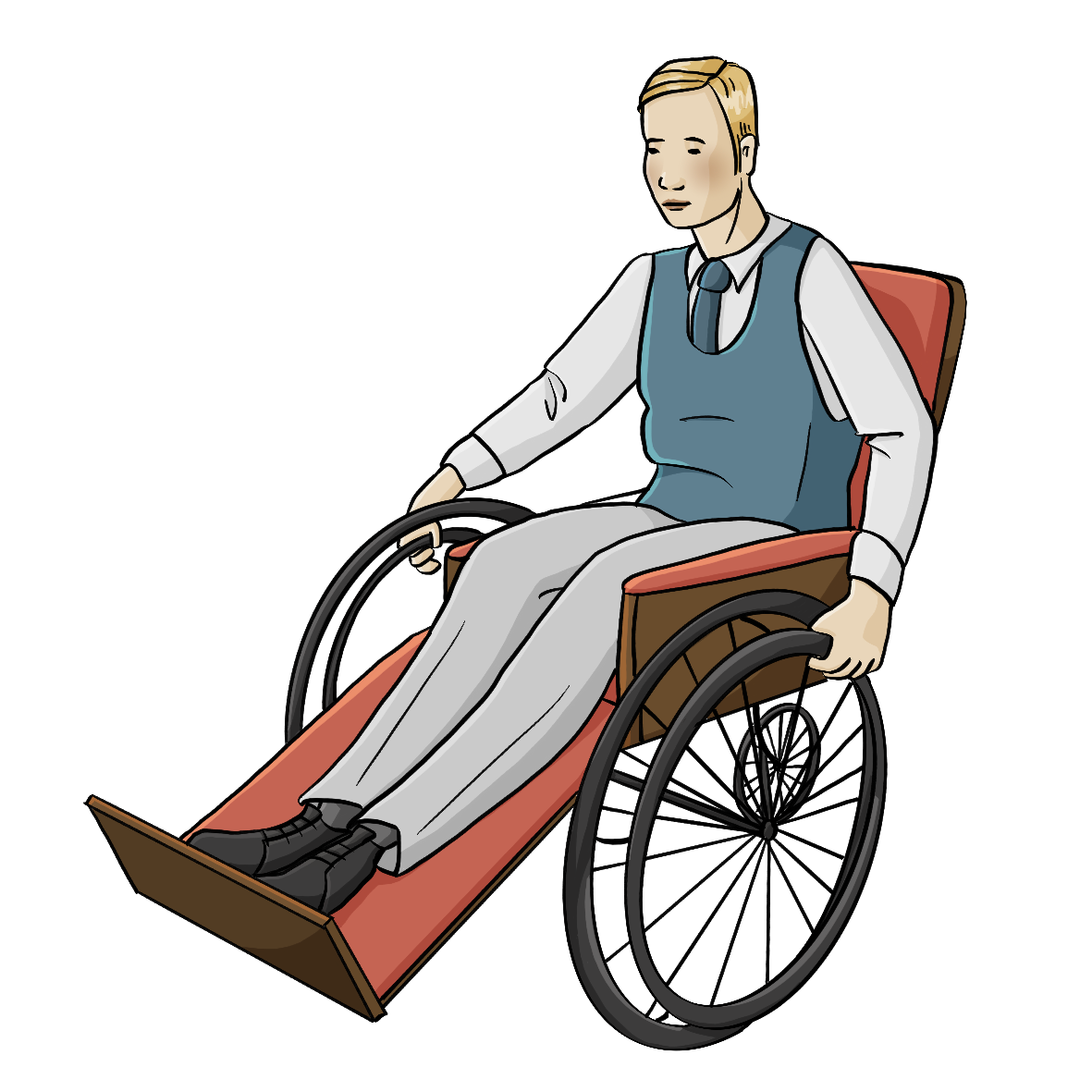 Ein Mann sitzt in einem Rollstuhl. Der Rollstuhl und die Kleidung des Mannes sind im Stil der 30er Jahre.