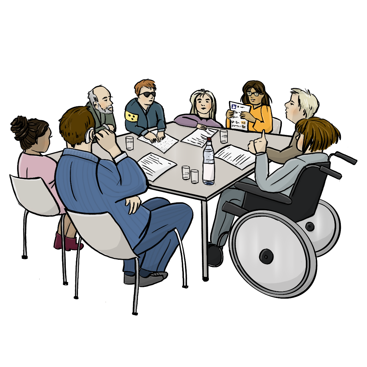 Eine Gruppe Menschen mit verschiedenen Behinderungen sitzt um einen Tisch herum. Auf dem Tisch liegen Papiere. Eine Person meldet sich. 