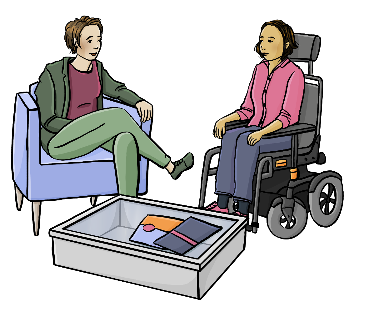 Eine Beraterin und eine Frau mit Rollstuhl sitzen sich gegenüber. Zwischen ihnen steht ein kleiner Tisch mit Info-Heften. 