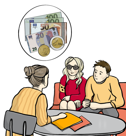Eine blinde Frau und ein Mann sitzen an einem Tisch. Gegenüber sitzt eine Beraterin. Auf dem Tisch liegen Info-Hefte. Über dem Tisch ist ein weißer Kreis. Im Kreis ist Geld zu sehen.