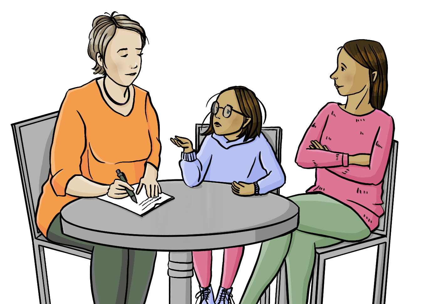 Ein Mädchen, ihre Mutter und eine Beraterin sitzen an einem Tisch. Das Mädchen redet. Die Beraterin schreibt mit. 