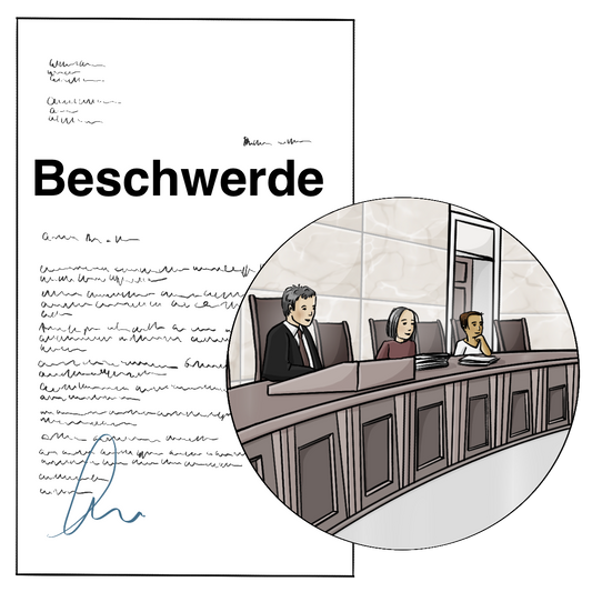 Ein Zettel mit der Überschrift: Beschwerde, unlesbarer Schrift und einer Unterschrift. Daneben ist ein Kreis mit dem Bild von einem Gerichtssaal mit Richtern und Richterinnen.