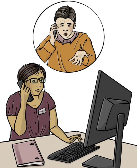 Eine Frau sitzt vor einem Computer und telefoniert. Über ihr ist ein Kreis. Im Kreis sieht man einen Mann. Der Mann telefoniert und schaut ärgerlich.