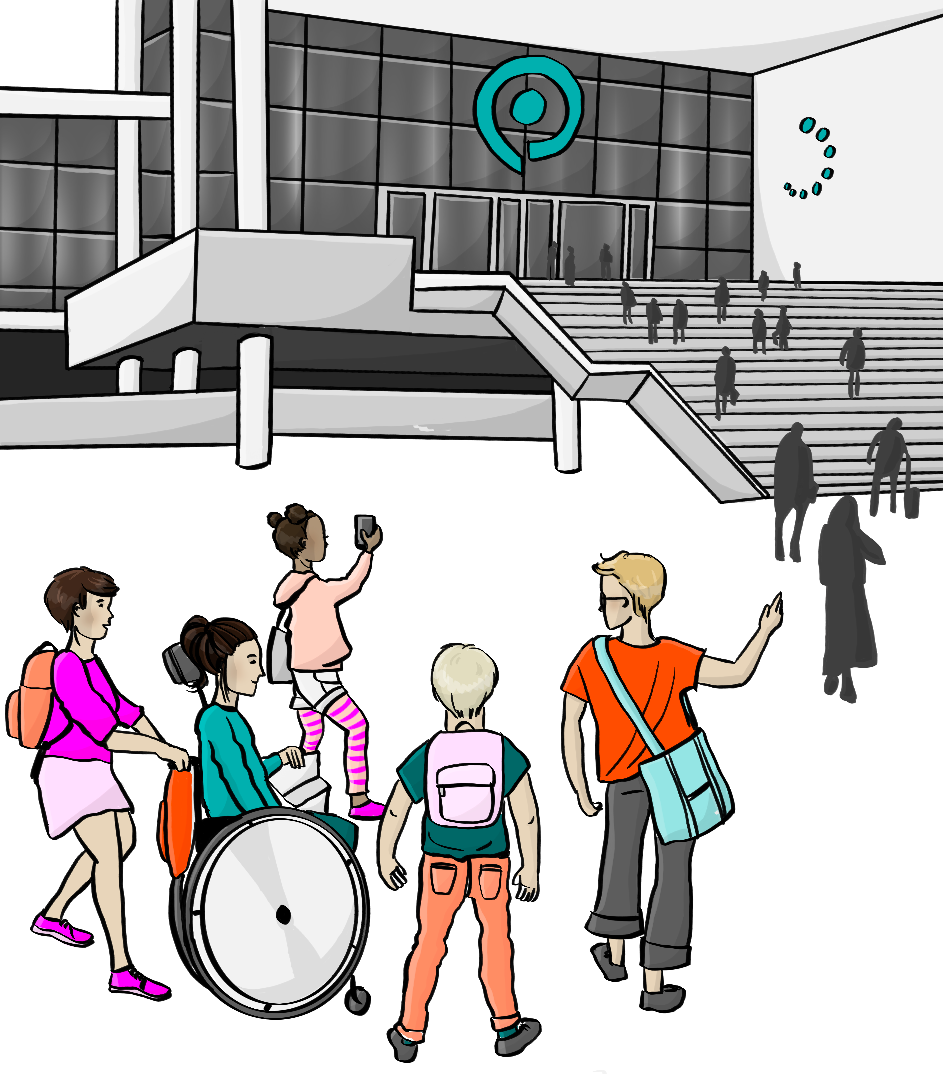 Eine Gruppe junger Menschen geht auf ein Gebäude zu. Eine von den jungen Frauen fährt im Rollstuhl. Auf dem Gebäude ist das Logo von der Gamescom.