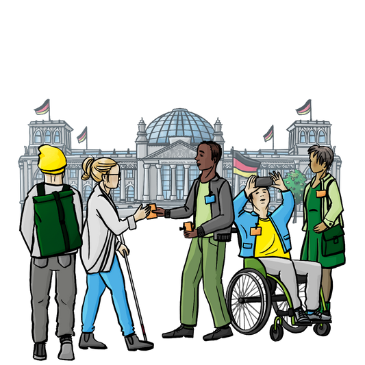Eine Gruppe Menschen steht vor dem Reichstags-Gebäude. Ein Führer gibt einen Besucher-Ausweis an eine blinde Frau. Ein Mann im Rollstuhl macht ein Selfie.