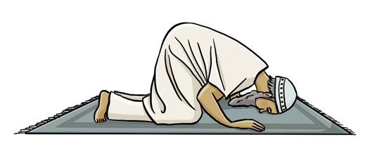 Ein Mann kniet auf einem Teppich, Hände und Stirn berühren den Boden. Er trägt eine Gebetskappe.