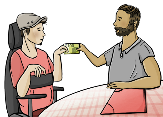 Ein Mann im Rollstuhl und sein Betreuer sitzen an einem Tisch. Der Betreuer gibt dem Mann einen 100 Euro Schein. Auf dem Tisch liegt eine Mappe.