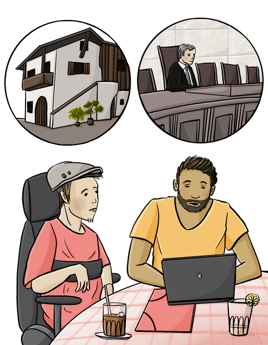 Ein Mann im Rollstuhl und sein Betreuer sitzen an einem Tisch. Der Betreuer schreibt an seinem Laptop. Über den beiden sind zwei Kreise. In dem einen Kreis sieht man einen Richter. In dem anderen Kreis sieht man ein Haus. Auf dem Tisch sind Getränke und eine Mappe.