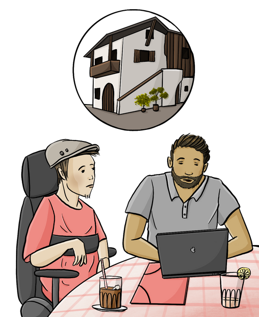Ein Mann im Rollstuhl und sein Betreuer sitzen an einem Tisch. Der Betreuer schreibt an seinem Laptop. Über den beiden ist ein Kreis. In dem Kreis sieht man ein Haus. Auf dem Tisch sind Getränke und eine Mappe.