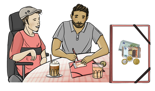 Alternativtext: Ein Mann im Rollstuhl und sein Betreuer sitzen an einem Tisch. Auf dem Tisch sind Getränke und eine Mappe. Der Betreuer füllt einen Überweisungsschein aus. Neben dem Bild sieht man eine größere Mappe. Auf der Mappe ist Geld zu sehen.