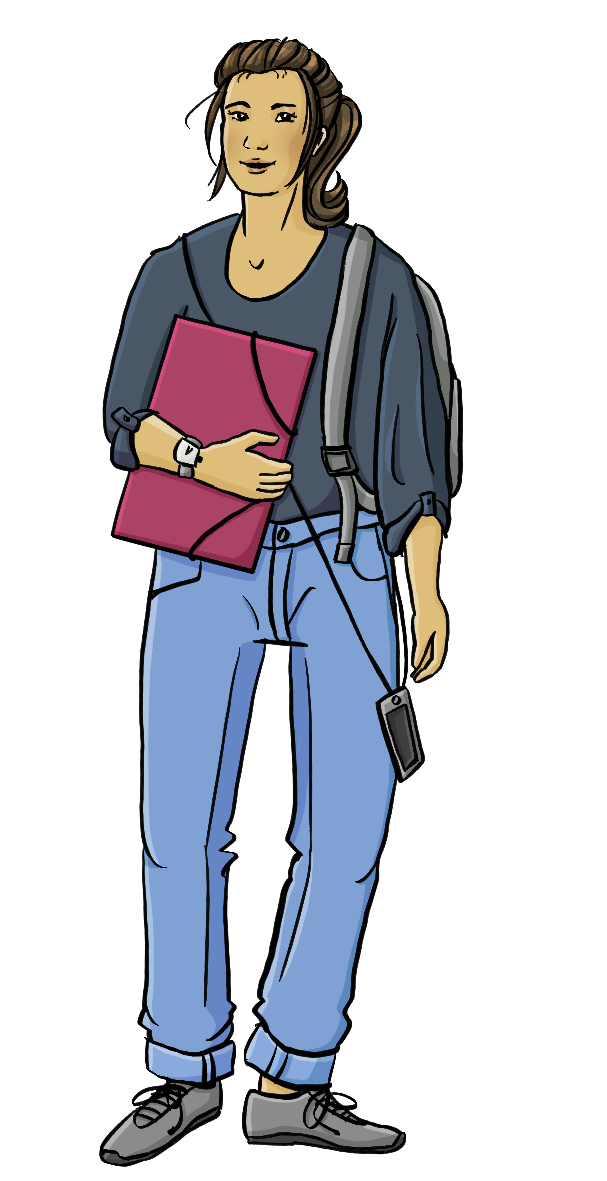 Eine junge Frau mit einer Mappe unter dem Arm, einem Rucksack und einem Handy an einer Handykette.