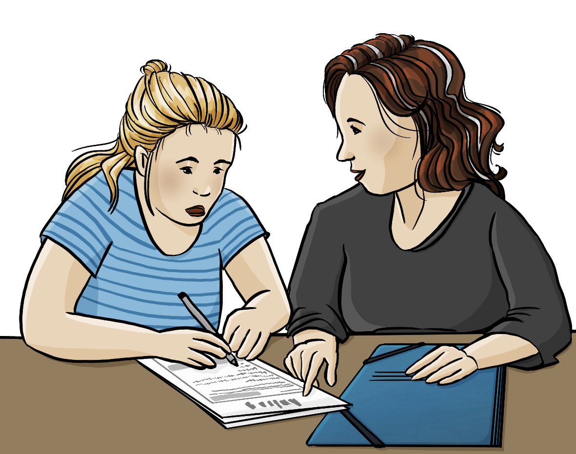 Eine jung Frau mit Down-Syndrom und ihre Betreuerin sitzen am Tisch. Die Frau füllt einen Antrag aus. Die Betreuerin zeigt etwas im Antrag. Auf dem Tisch liegt einen Mappe. 