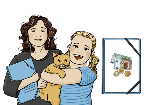 Eine junge Frau mit Down-Syndrom hält ihre Katze auf dem Arm. Neben ihr steht ihre Betreuerin mit einer Mappe unter dem Arm. Neben dem Bild ist eine größere Mappe. Auf der Mappe ist Geld.