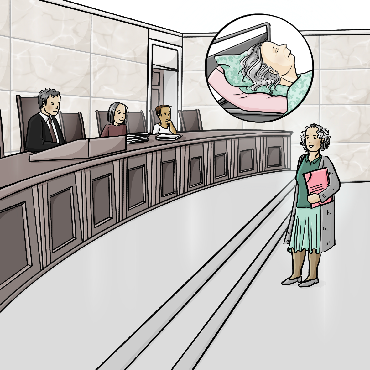 Ein Gerichts-Saal mit mehreren Richter*innen. Eine ältere Frau mit einer Mappe unter dem Arm steht im Gerichts-Saal.  Über dem Bild ist ein Kreis. In dem Kreis ist eine ältere Frau in einem Krankenhaus-Bett.