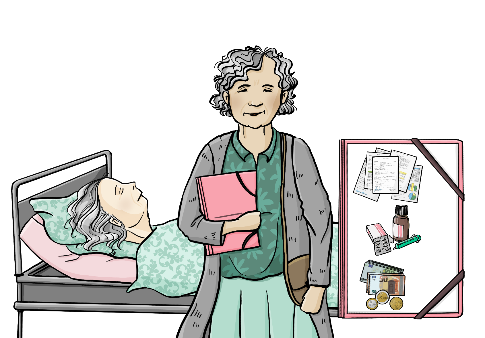 Eine ältere Frau mit einer Mappe unter dem Arm steht in einem Krankenhaus-Zimmer.  Hinter ihr liegt eine andere ältere Frau in einem Krankenhaus-Bett. Neben dem Bild ist eine größere Mappe. Auf der Mappe ist ein Bild von Medikamenten, Geld und Papieren. 