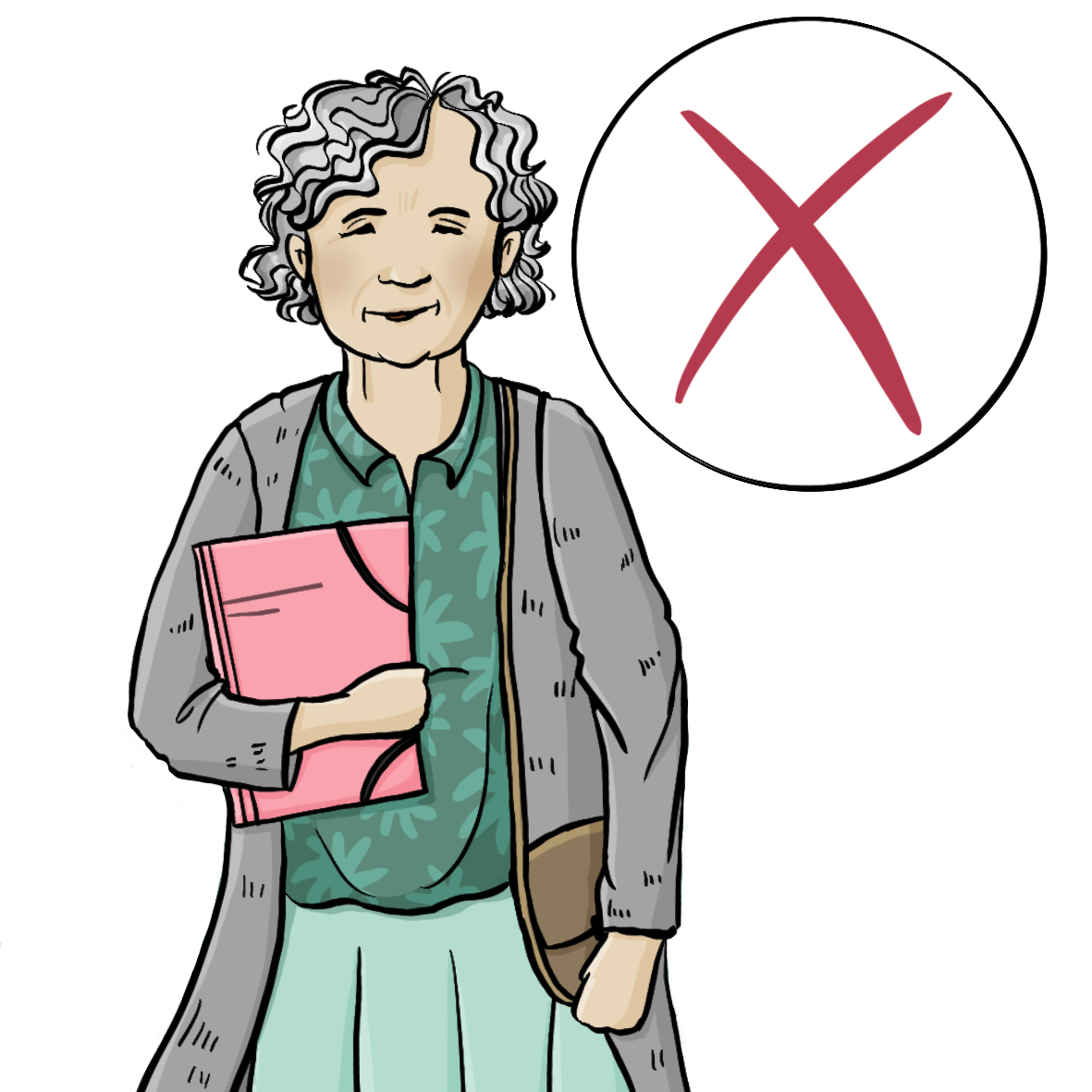 Eine ältere Frau hält eine Mappe unter dem Arm. Neben ihr ist ein Kreis mit einem roten Kreuz. 