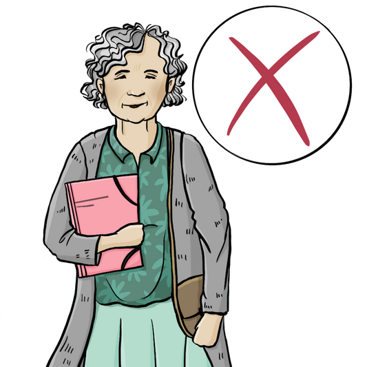Eine ältere Frau hält eine Mappe unter dem Arm. Neben ihr ist ein Kreis mit einem roten Kreuz. 