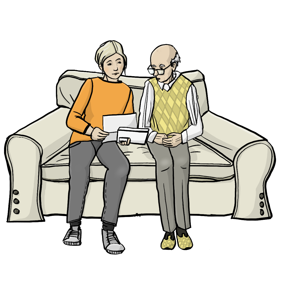 Ein älterer Mann und seine Betreuerin sitzen auf dem Sofa. Sie lesen zusammen einen Brief.