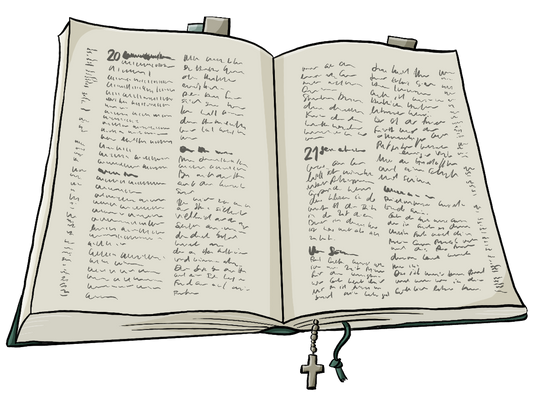 Ein aufgeschlagenes Buch mit kleiner Schrift.