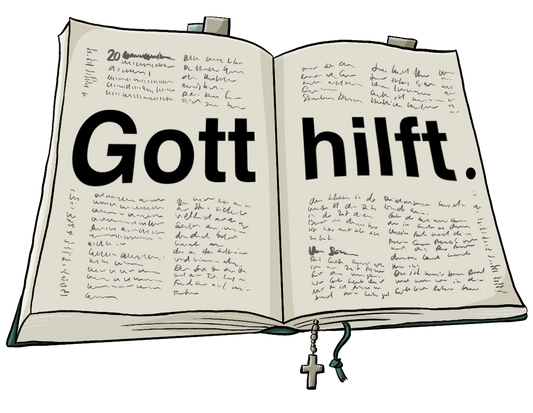 Ein aufgeschlagenes Buch. Auf den Seiten steht in großer Schrift: Gott hilft.