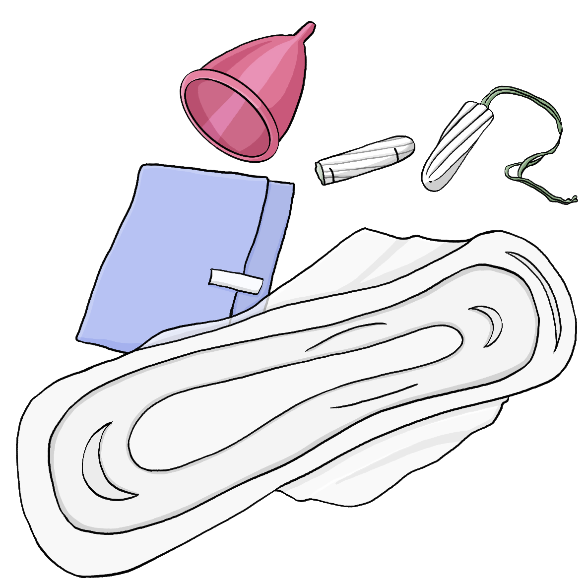 Eine Binde in der Verpackung, eine ausgepackte Binde, ein Tampon mit Plastikhülle, ein ausgepackter Tampon und eine Menstruationstasse. 