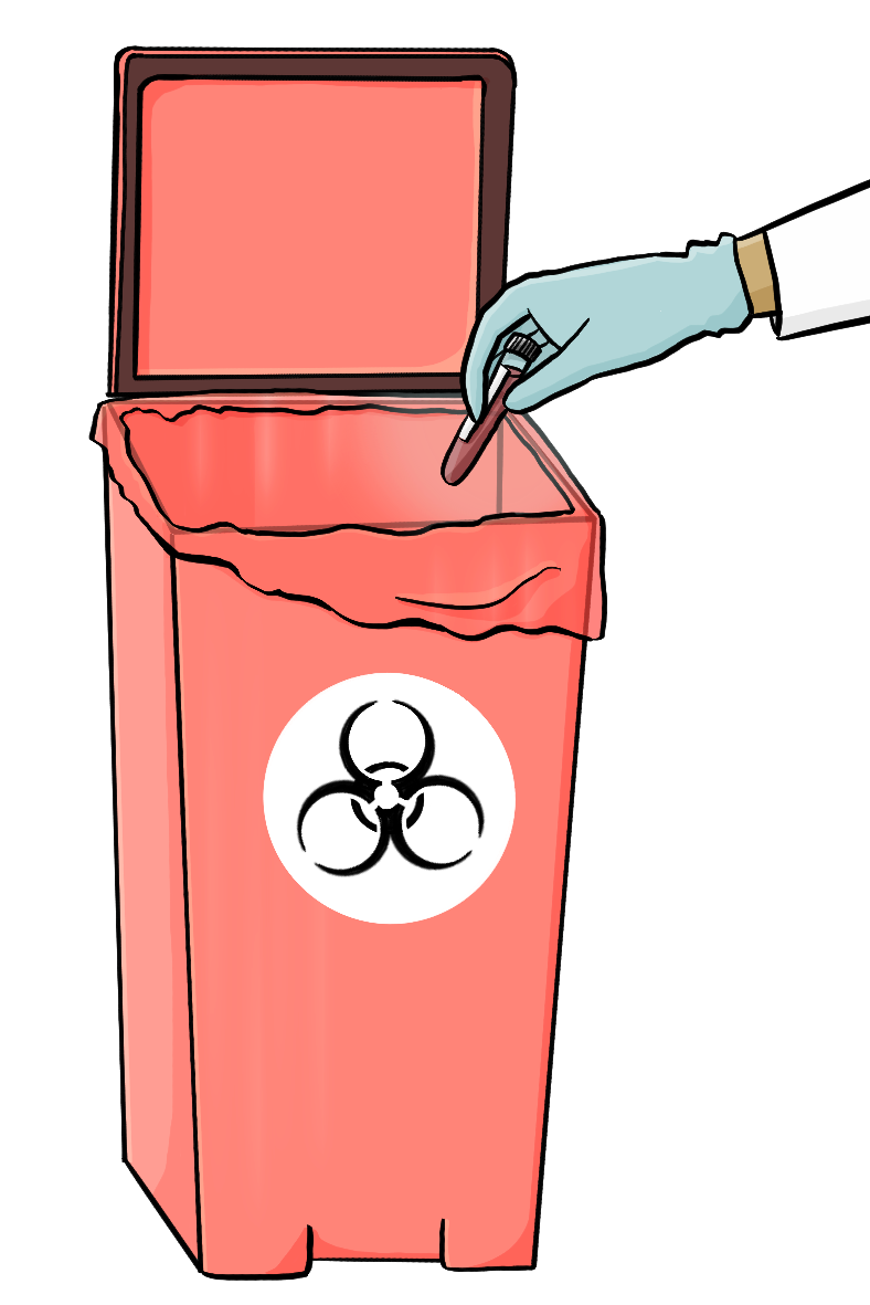 Eine Hand mit einem Handschuh wirft eine Blutprobe in einen roten Mülleimer. Auf dem Mülleimer ist  das Zeichen für Bio-Gefahr.