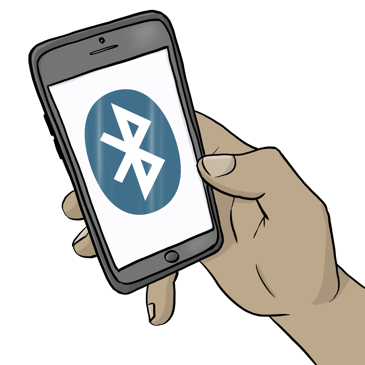 Eine Hand hält ein Handy. Auf dem Handy ist das Zeichen für Bluetooth.