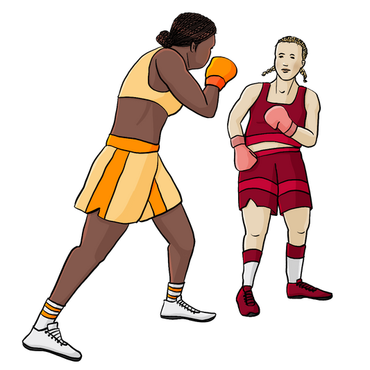 Zwei Frauen in Sportkleidung und Boxhandschuhen bei einem Boxkampf.