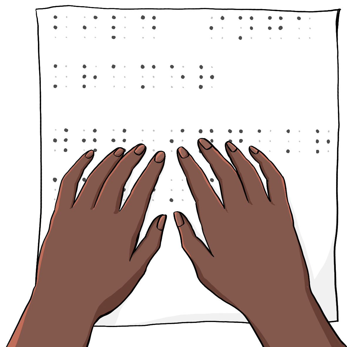 Eine Blatt Papier mit Punkten. Auf dem Papier sind zwei Hände, die Finger liegen auf den Punkten. 