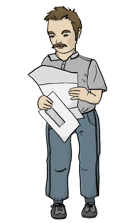 Ein kleinwüchsiger Mann hält einen Zettel und einen Briefumschlag in der Hand. Er schaut auf den Zettel. 