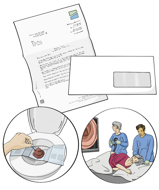 Ein Zettel mit Schrift, darauf liegt ein Fensterbriefumschlag. Unter dem Brief sind zwei Kreise mit Bildern. Auf dem ersten Bild ist eine Toilette mit einer Auffanghilfe, darauf liegt Kot. Eine Hand sticht mit einem Stäbchen in den Kot. Auf dem anderen Bild ist eine Frau bei einer Darmspiegelung.