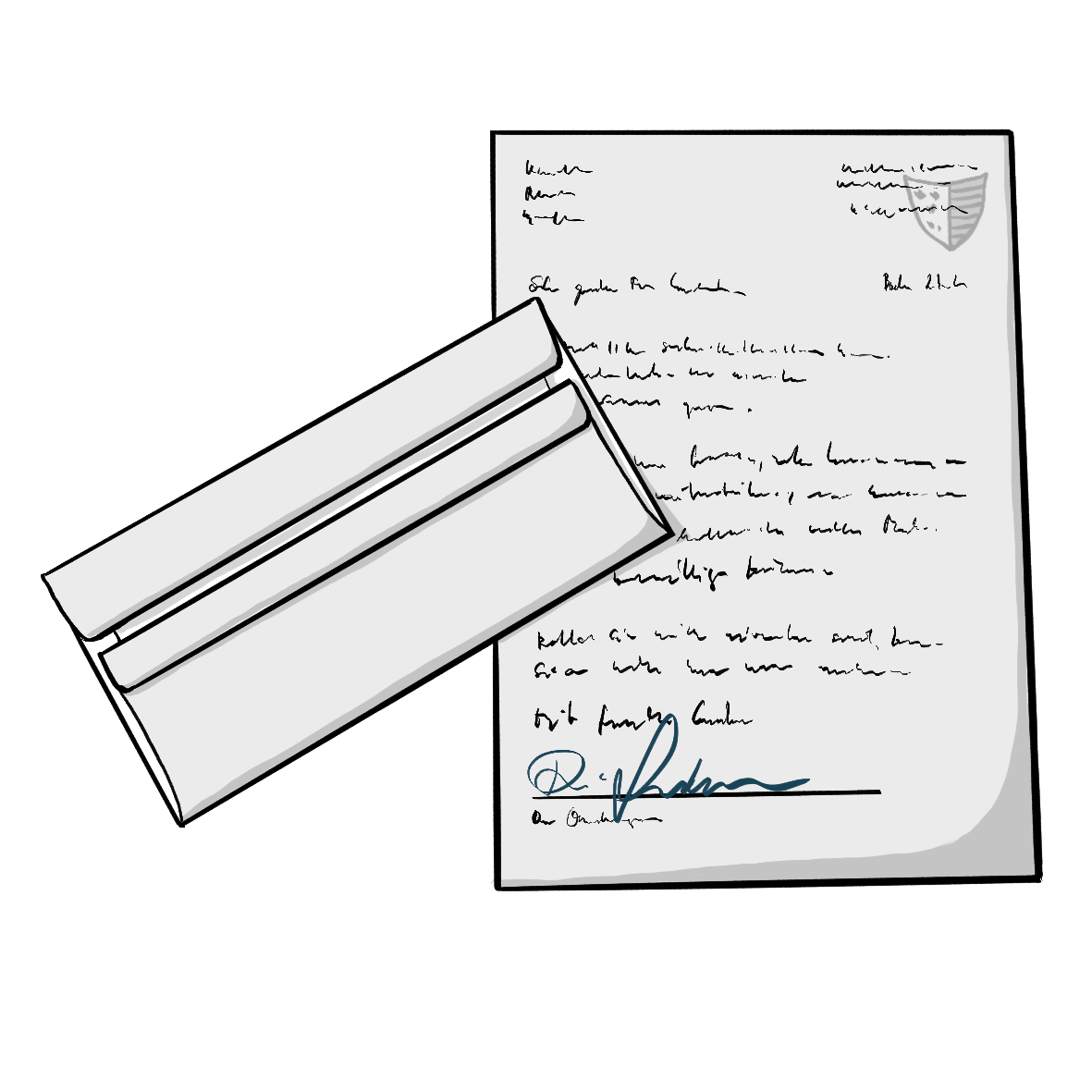 Ein DinA4 Blatt mit Briefkopf, Schrift und Unterschrift, daneben ein länglicher Briefumschlag. 