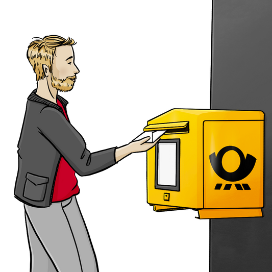 Ein Mann steckt einen weißen Briefumschlag in einen Briefkasten. 