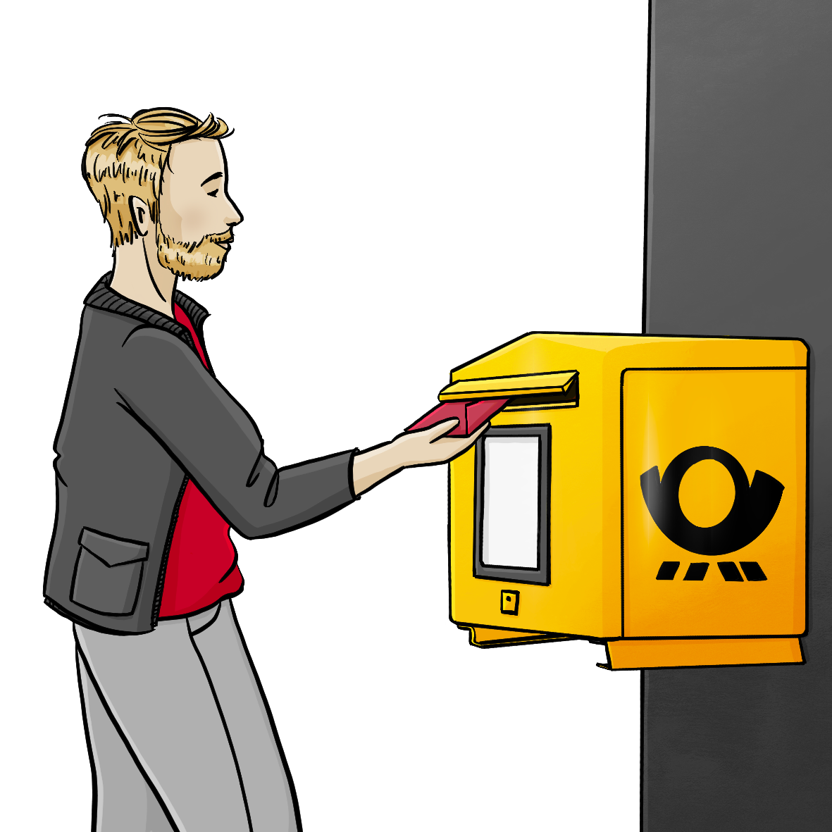 Ein Mann steckt einen roten Briefumschlag in einen Briefkasten.