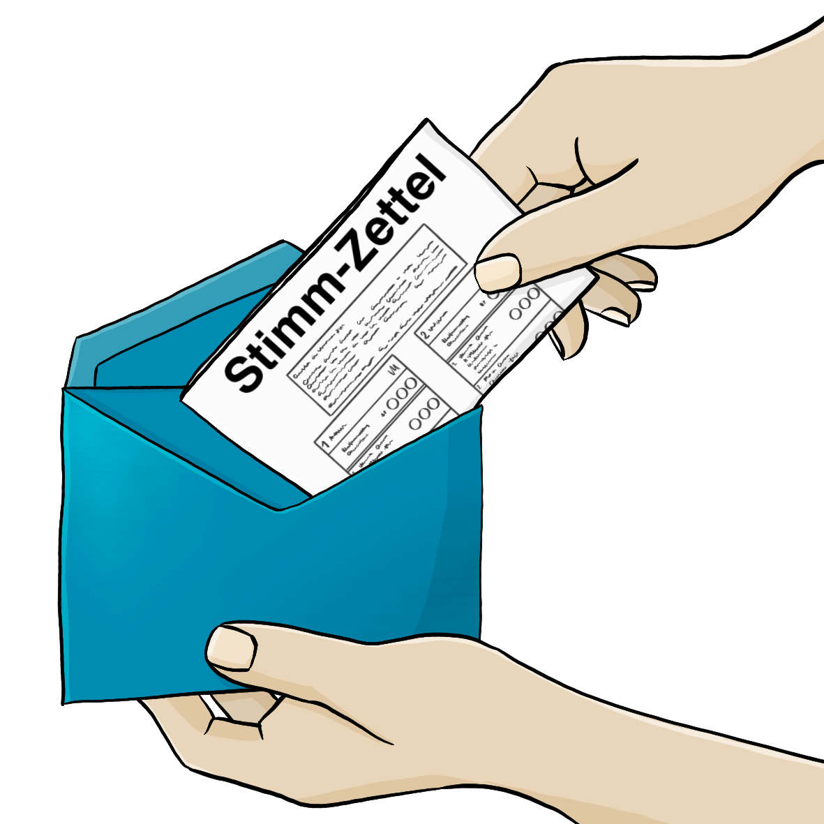 Eine Hand steckt einen Stimmzettel in einen blauen Briefumschlag.