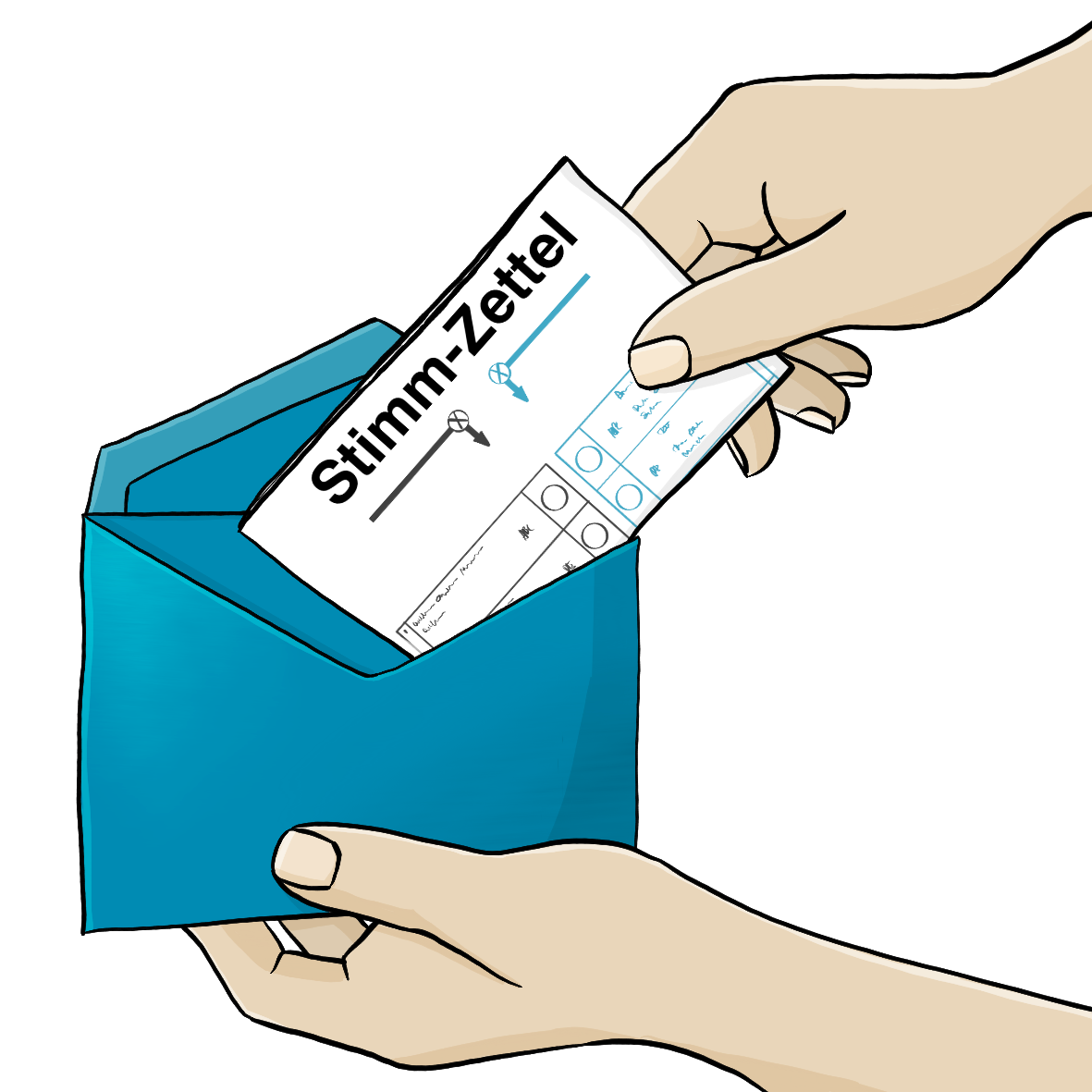 Eine Hand steckt einen Stimmzettel in einen blauen Briefumschlag. Das Wort Stimmzettel ist durch einen Bindestrich getrennt.