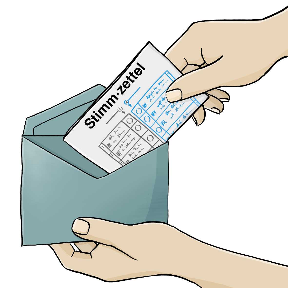 Eine Hand steckt einen Stimmzettel in einen blauen Briefumschlag.
