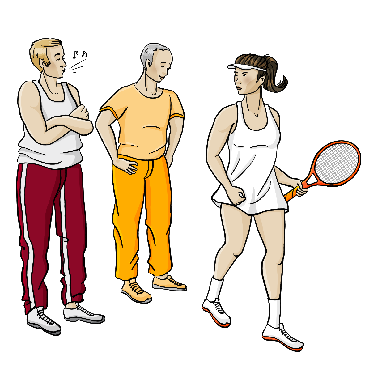 Zwei Männer in Sportkleidung schauen einer Frau hinterher. Der eine Mann pfeift. Die Frau trägt ein kurzes Tenniskleid und einen Tennisschläger. Sie schaut wütend. 