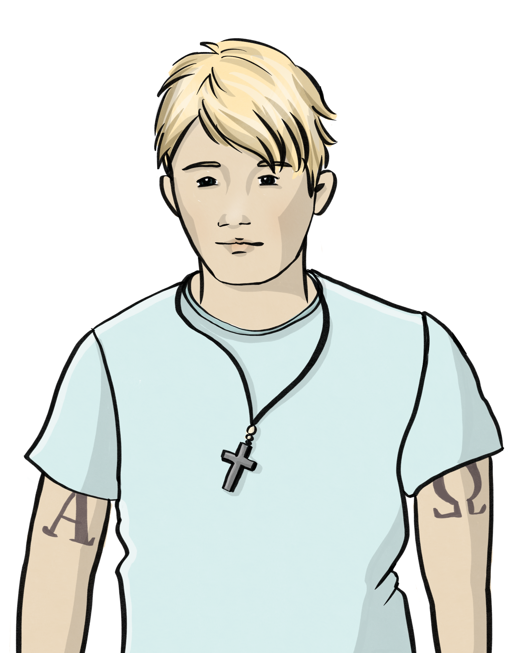 Ein junger Mann mit einer Kreuz-Kette um den Hals. Er hat Tattoos auf den Oberarmen: Das Alpha-Zeichen und das Omega-Zeichen. 